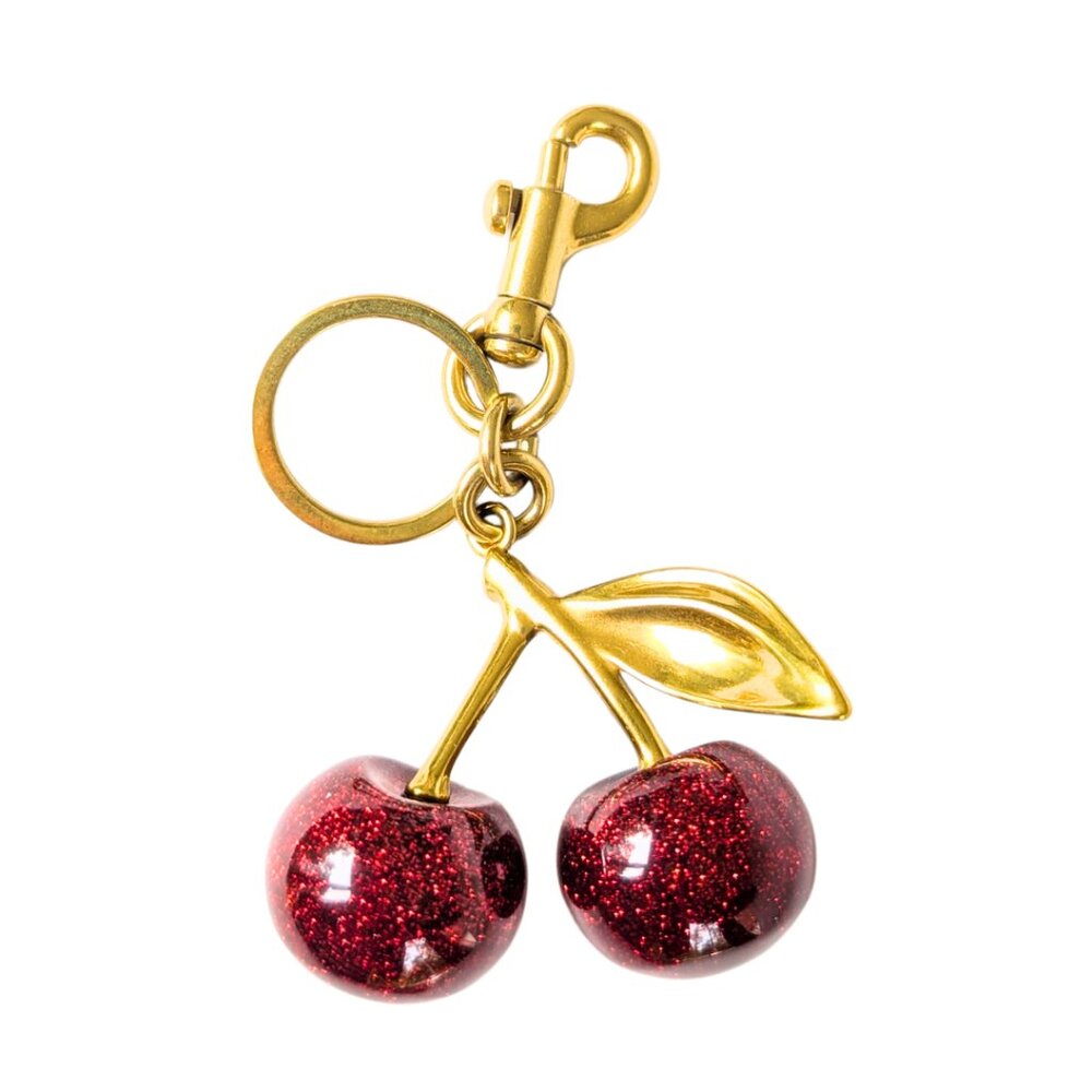 Cherry Bag Charm Key Chain Glitter Red Cherries Gold Clip - Picture 2 of 6